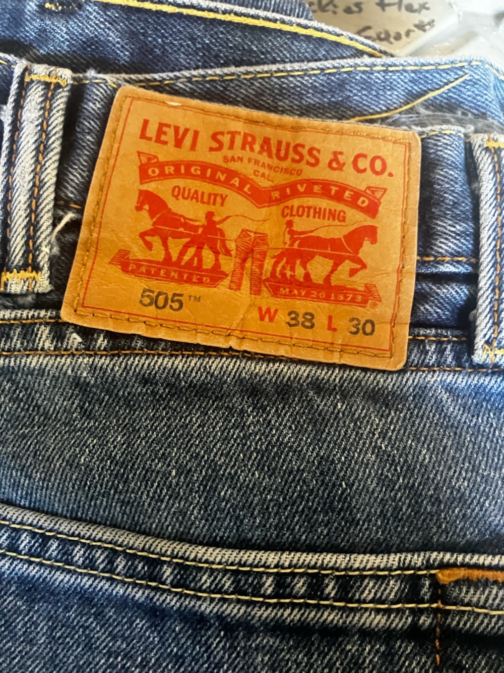 Levi's 505 w38/L30 Straight Men’s Jeans in Blue with Tan Leather Patch